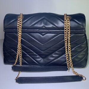 Quilted Purse w/ Gold Chain Straps Black Vegan Leather Snap Closure Compartments